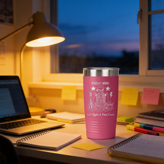A pink tumbler with a skeleton design sits on a desk, surrounded by a laptop, notebooks, and a lamp, with a window and notes visible in the background.