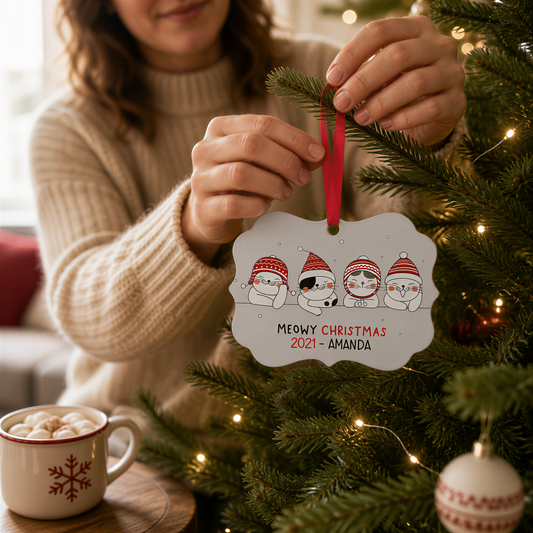 A woman is decorating a Christmas tree with ornaments, including a personalized ornament that says "Meowy Christmas 2021 - Amanda".