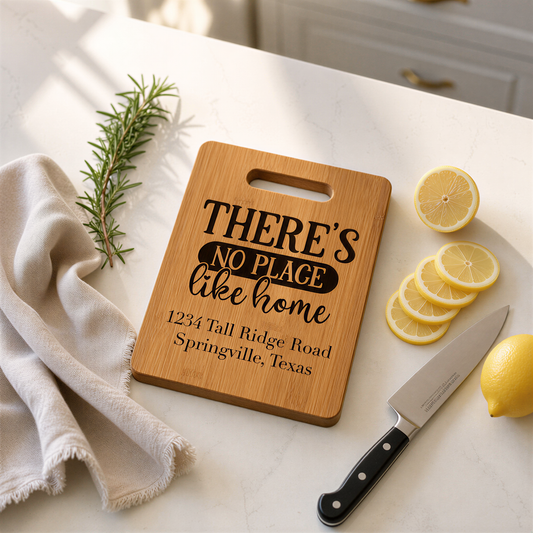 a wooden cutting board with a humorous message, a lemon, a knife, and some rosemary on a white countertop.