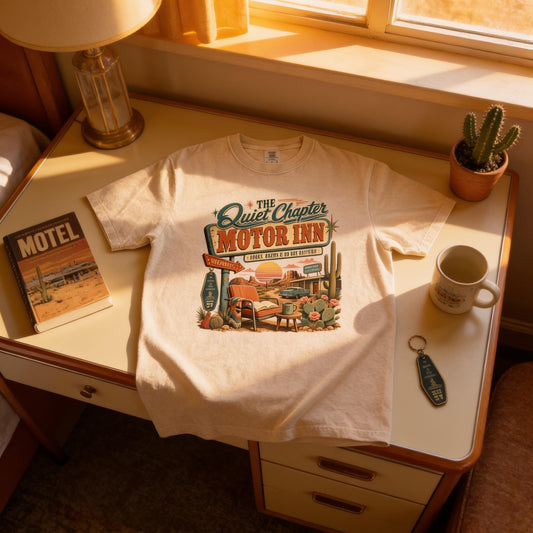a desk with a white t-shirt with a vintage-style graphic, a book titled " motel", a potted cactus, a coffee cup, and a keychain.