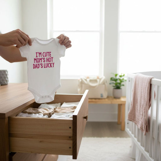 A person is holding up a white onesie with the text "I'm CUTE Mom's HOT DAD'S LUCKY" printed on it.
