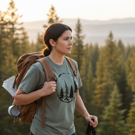 A woman wearing a green t-shirt with a graphic of pine trees and carrying a backpack stands in a forested area, gazing off into the distance.