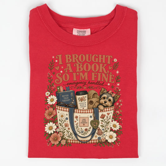 I Brought A Book So Im Fine Shirt, Funny Introvert Book Lover Tee, Books And Caffeine Reading Gift, Better Than Therapy Bookworm Dog Top