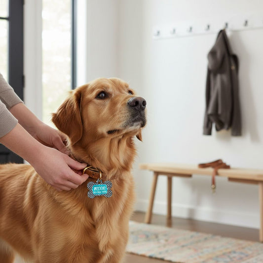 A golden retriever wearing a blue and white checkered dog tag is standing in a room with a coat rack and a bench visible in the background.