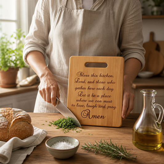A person is cutting herbs on a wooden cutting board with a prayer message, while preparing food in a kitchen with various ingredients and utensils visible.