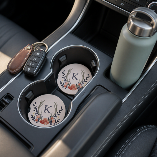the center console of a car, with a car key, a water bottle, and two coasters with a floral design.