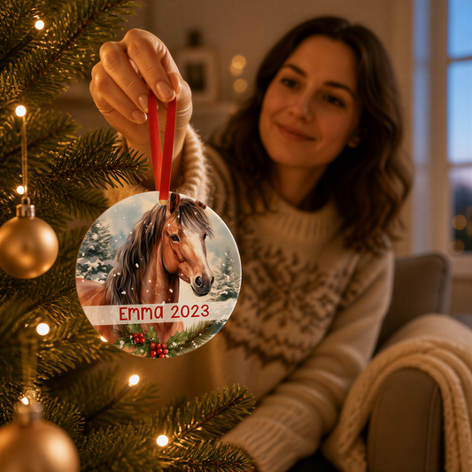 A woman is sitting in front of a Christmas tree, holding a round ornament that features a horse image and the year "Emma 2023".