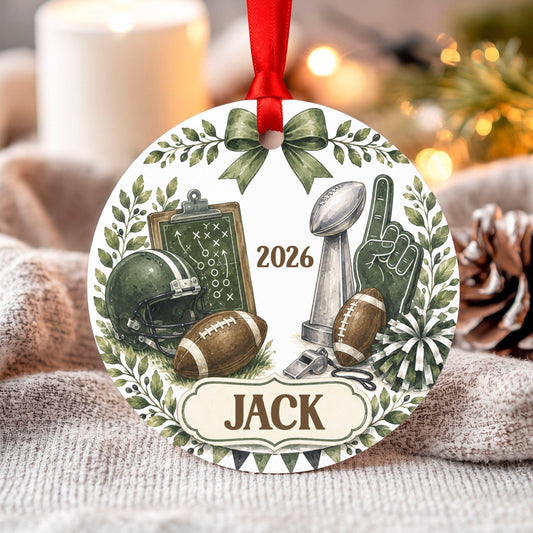 Personalized Football Ornament, Custom Name Christmas Tree Decor, Sports Fan Gift, Aluminum Round, Kid Pet Friendly