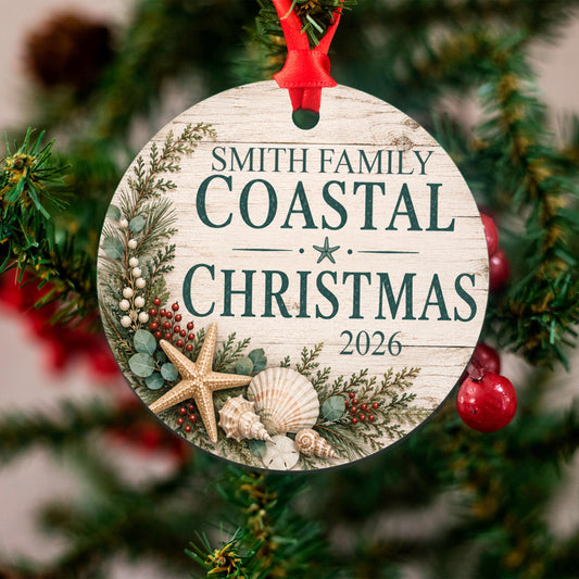 Personalized Coastal Christmas Ornament, Family Beach Christmas Keepsake with Name & Year, Nautical Seashell Ornament, Beach House Gift