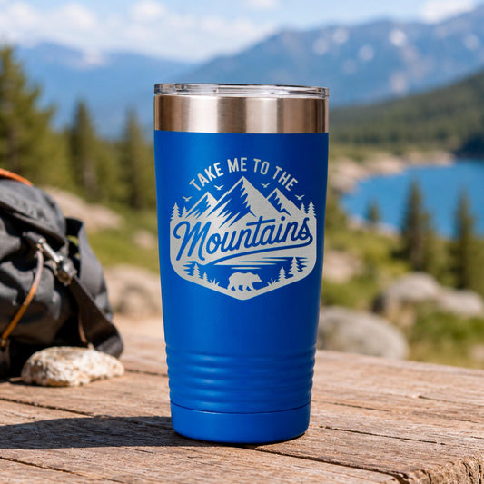 Mountain Travel Mug 20oz Insulated Stainless Steel Tumbler, Camp.