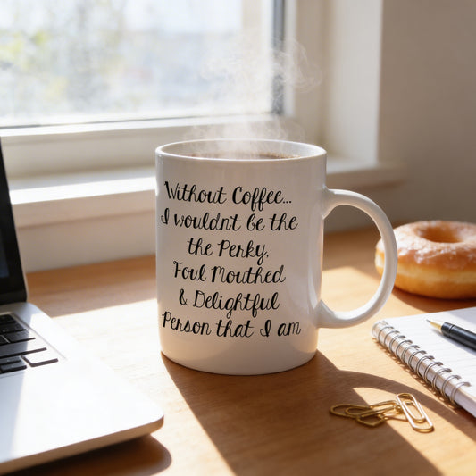 A white coffee mug with a humorous quote about coffee and a person, placed on a wooden desk next to a laptop and a donut.