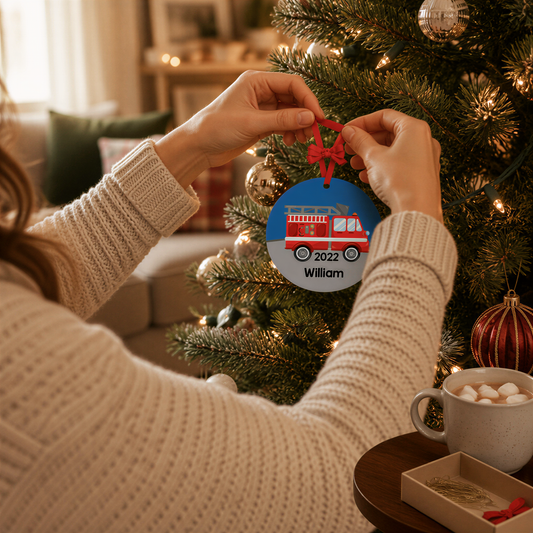 A person decorating a Christmas tree with a personalized ornament featuring a fire truck and the name "William".