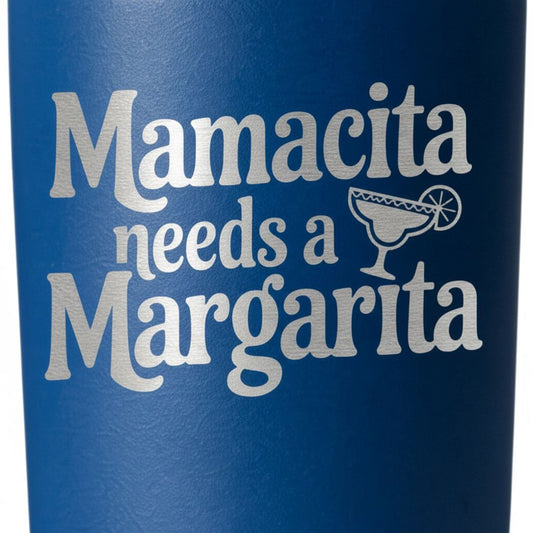 A blue mug with the text "Mamacita needs a Margarita" printed on it.