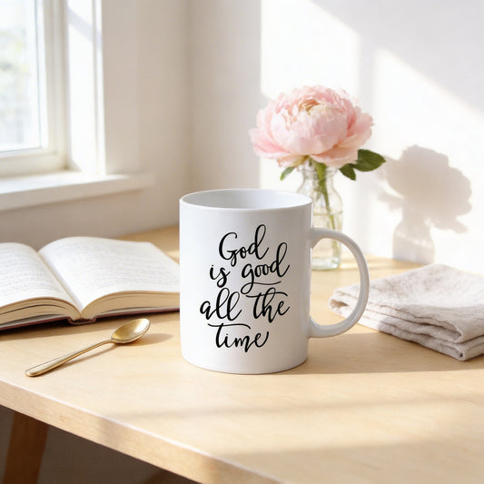 A white mug with the text "God is good all the time" printed on it, placed on a wooden table next to a vase with a pink flower. There is also an open book and a spoon on the table.