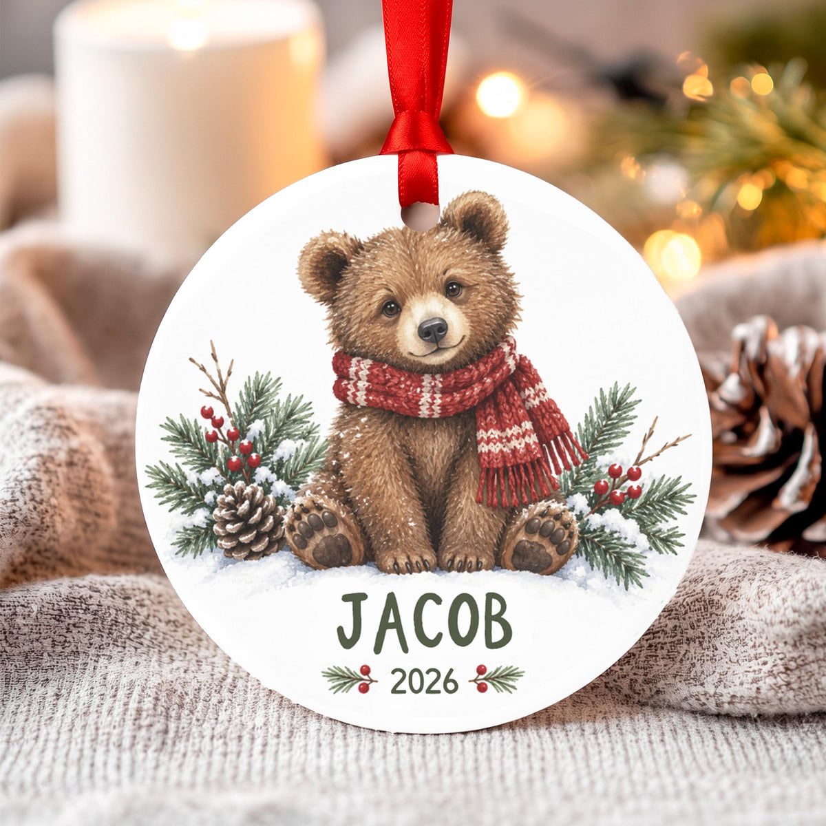 Personalized Bear Christmas Ornament, 2.75in Aluminum, Gift Boxed