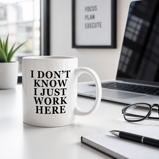 A white mug with the text "I DON'T KNOW I JUST WORK HERE" printed on it, placed on a desk next to a laptop and a pair of glasses.