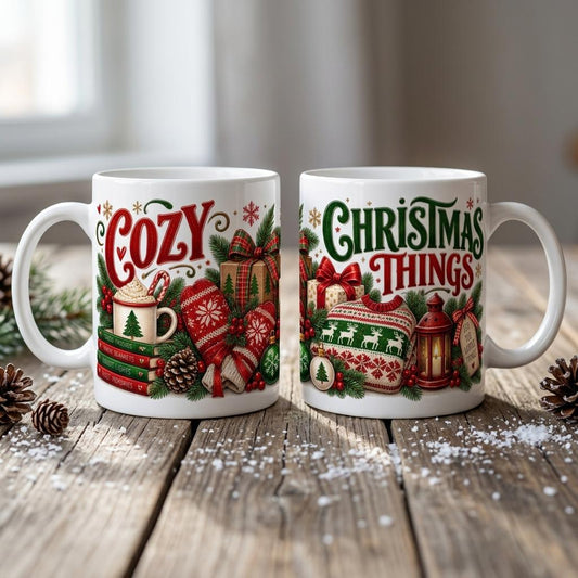 Cozy Christmas Mug, Vintage Holiday Book Lover 15oz Ceramic Gifts