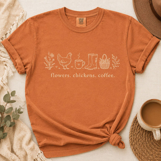 Comfort Colors Tee Chicken Mom Flowers Chickens Coffee, Chicken Lover Shirt, Homestead Shirt, Country Living Shirt, Cottagecore Clothing