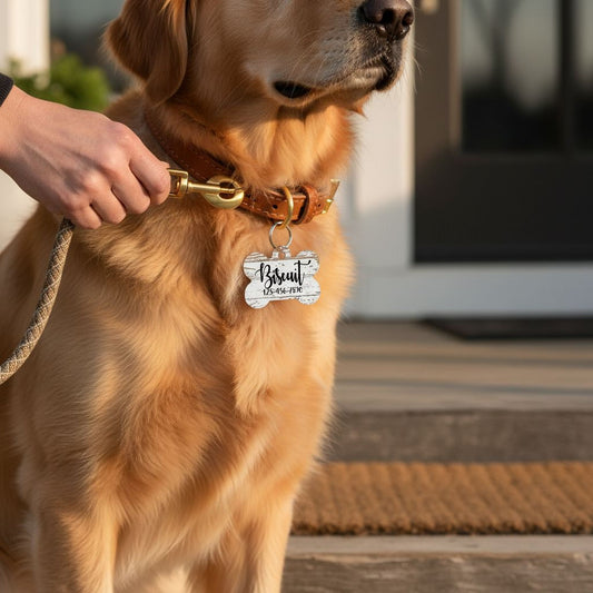 A golden retriever dog wearing a collar with a bone-shaped tag, standing on a wooden deck.