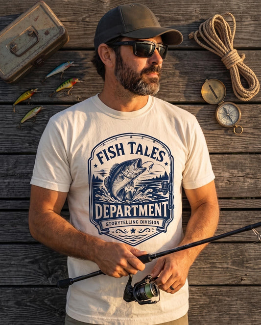 Fish Tales Department Shirt, Funny Fishing Tee for Men, Bass Fishing Back Print Shirt, Fishing Gift for Dad Grandpa, Fisherman Gift
