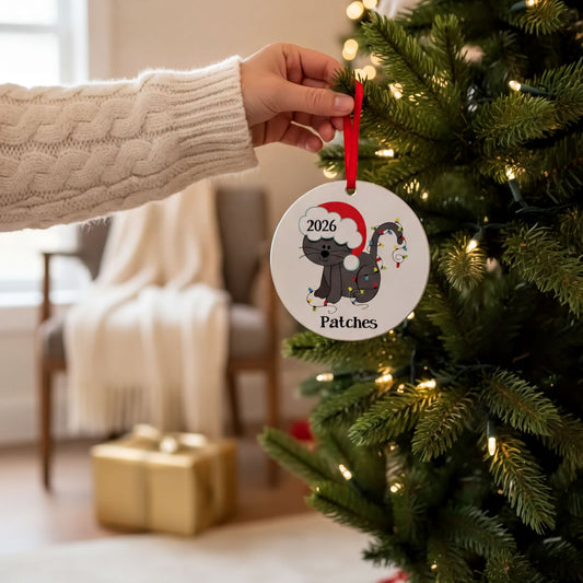 A hand is holding a Christmas ornament with a cat wearing a Santa hat and the number "2026" on it, hanging from a decorated Christmas tree.