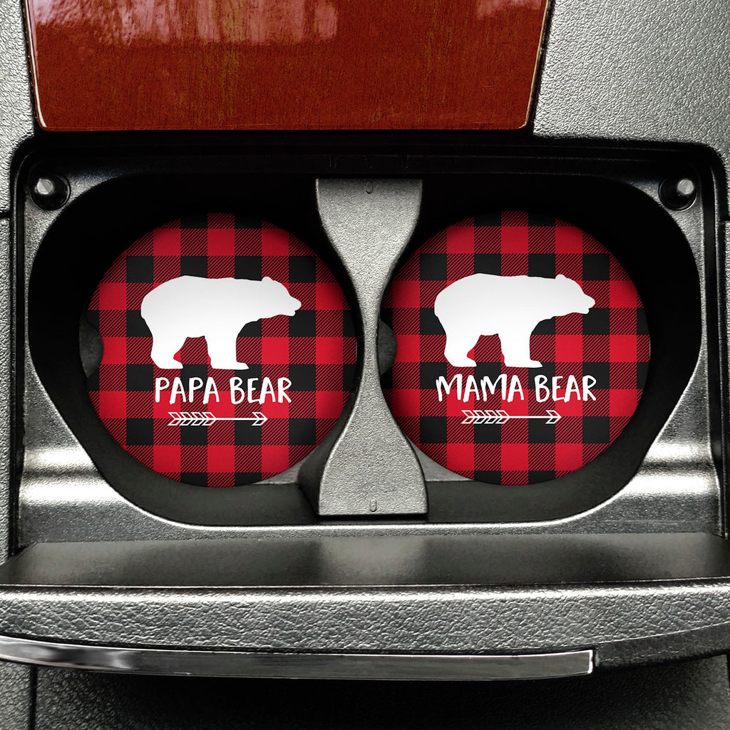 Mama Bear Papa Bear Car Coasters - Matching Set of Car Coasters Buffalo Plaid