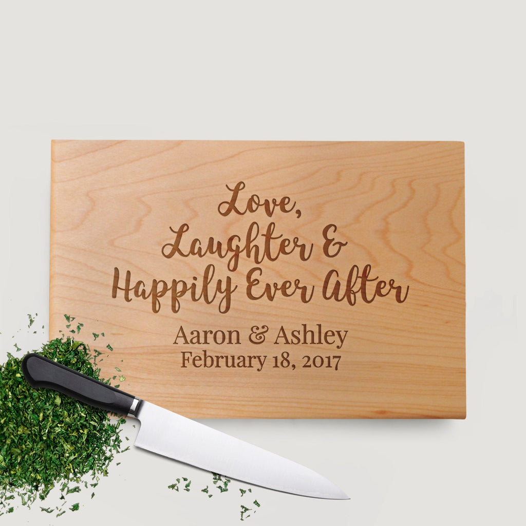 Wedding Gift for Bride & Groom, Custom Wood Cutting Board Happily Ever After
