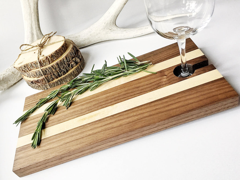 Serving Tray, Maple & Walnut Charcuterie Board, Wood Cheese Board with Wine Glass Holder, Appetizer Cutting Board with Wine Carrier