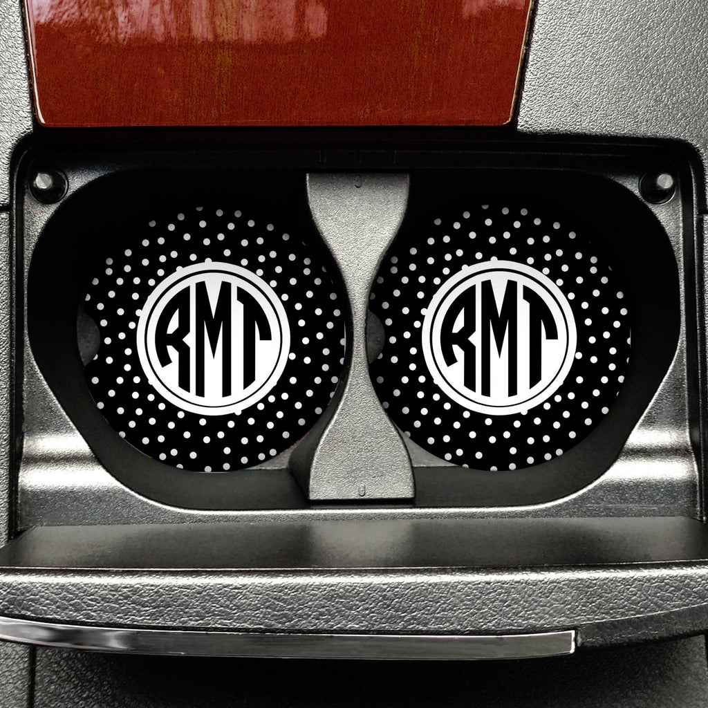 Monogram Car Cup Holder - Circle Monogram Sandstone Polka Dots Car Coasters