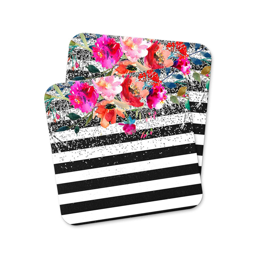 Floral Watercolor Coaster, Black White Stripe with Glitter Drink Coasters, housewarming gift, birthday gift for women, home decor
