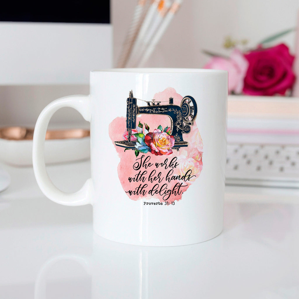 Proverbs 31 13 Woman - Coffee Mug with Bible Verse Watercolor Sewing Machine