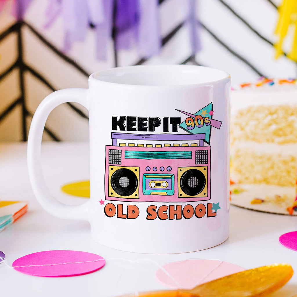 Keep it Old School 90's Mug - vintage coffee mugs - 80's boombox radio stereo mug - 1980s nostalgia - ceramic mug gift for her