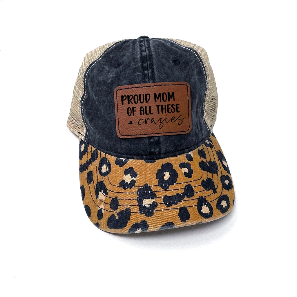 Mom Hat - leather patch hat - Leopard Pattern trucker baseball cap - ponytail hats for women - Gift for Mom - mama hat