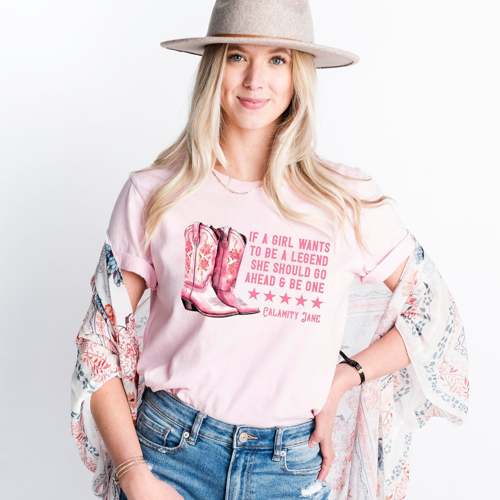 Cowgirl Shirt, Pink Cowgirl Boots, coastal cowgirl, cowgirl shirt for women, western legend girl quote, pink calamity jane shirt