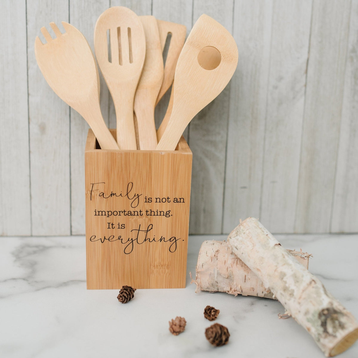Bamboo Kitchen Utensil Holder, Kitchen Decor with Family Quote, Housew –  Joyful Moose