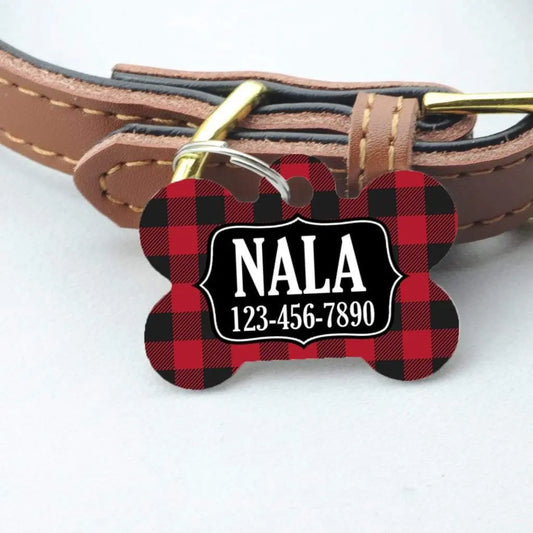 Buffalo Plaid Pet ID Tag - Red Black Plaid Custom Dog Name Tag
