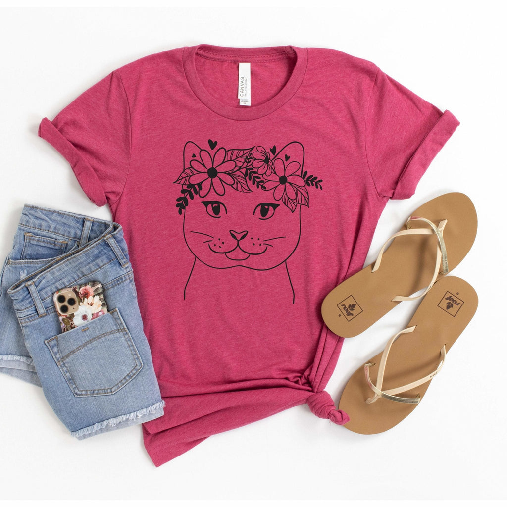 Cat Shirt, cute cat shirt, Cat T-shirt, Cute Cat with flowers tshirt, cat lover tshirt, cat gift for girls