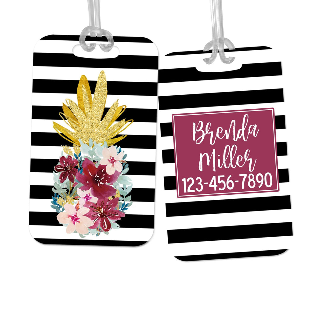 custom luggage tag, gold pineapple name tag for backpack, briefcase, floral wine pink stripe
