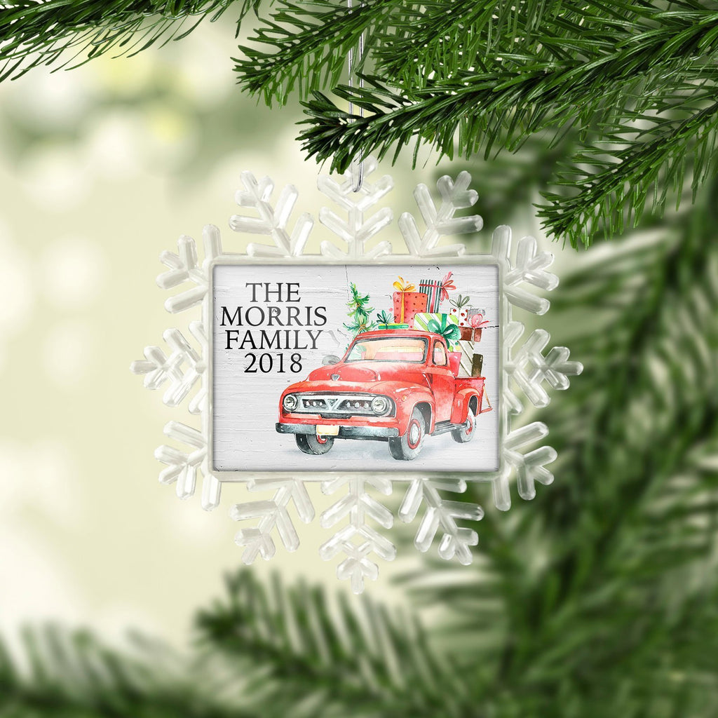 Family Christmas ornament - Vintage Red Truck Christmas Tree Ornament for Family