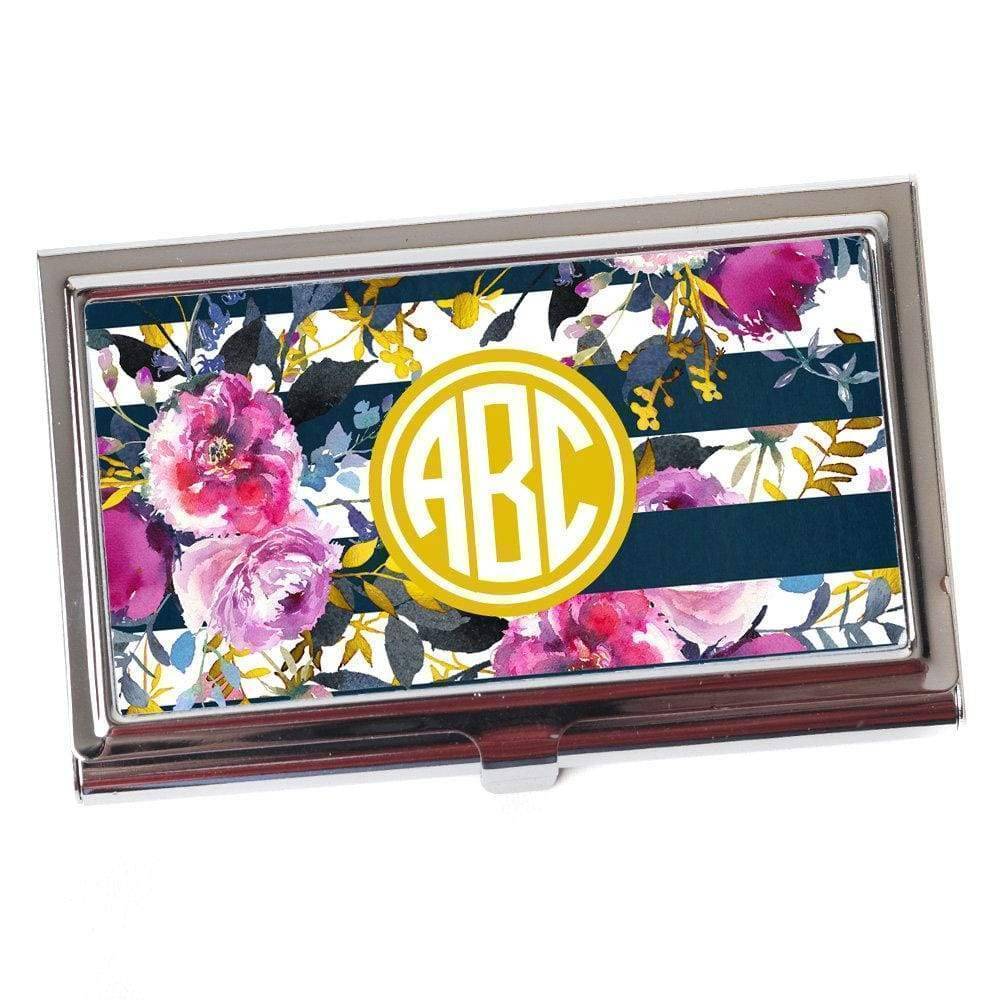 Floral Rose Navy Gold Circle Monogram Business Card Case for Women