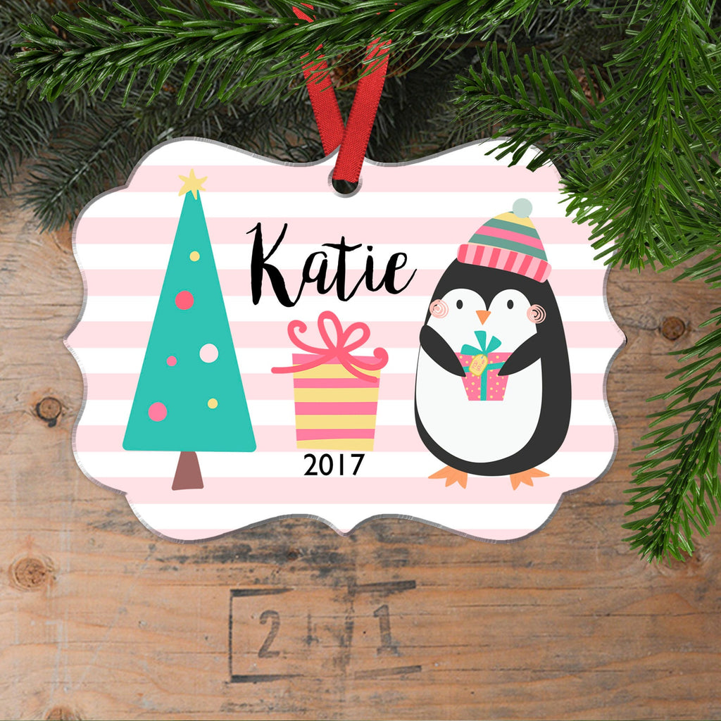 Girl Christmas Ornament - Pink Stripe Personalized Christmas Ornament - Pastel Penguin Christmas Ornament for Girls