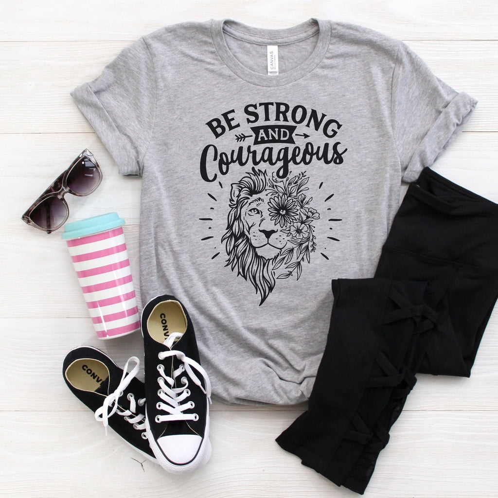 Be Strong & Courageous Lion Tshirt, lion shirt women, Floral Lion Gifts, lion face floral shirt