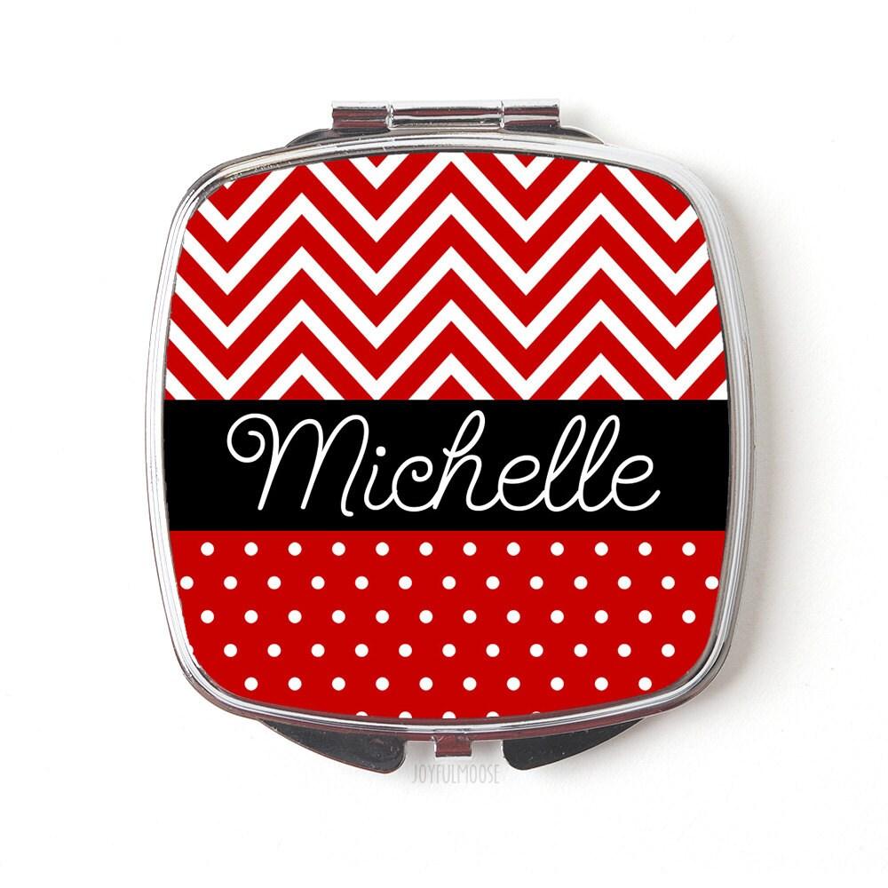 Personalized Bridesmaids Gifts, Personalized Compact Mirror, Red Black Chevron Polka Dot Personalized Purse Mirror, Custom Bridesmaid Gifts