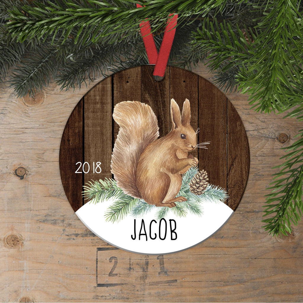 Woodland Christmas Ornament for Boys - Watercolor Squirrel Wildlife Custom Gift