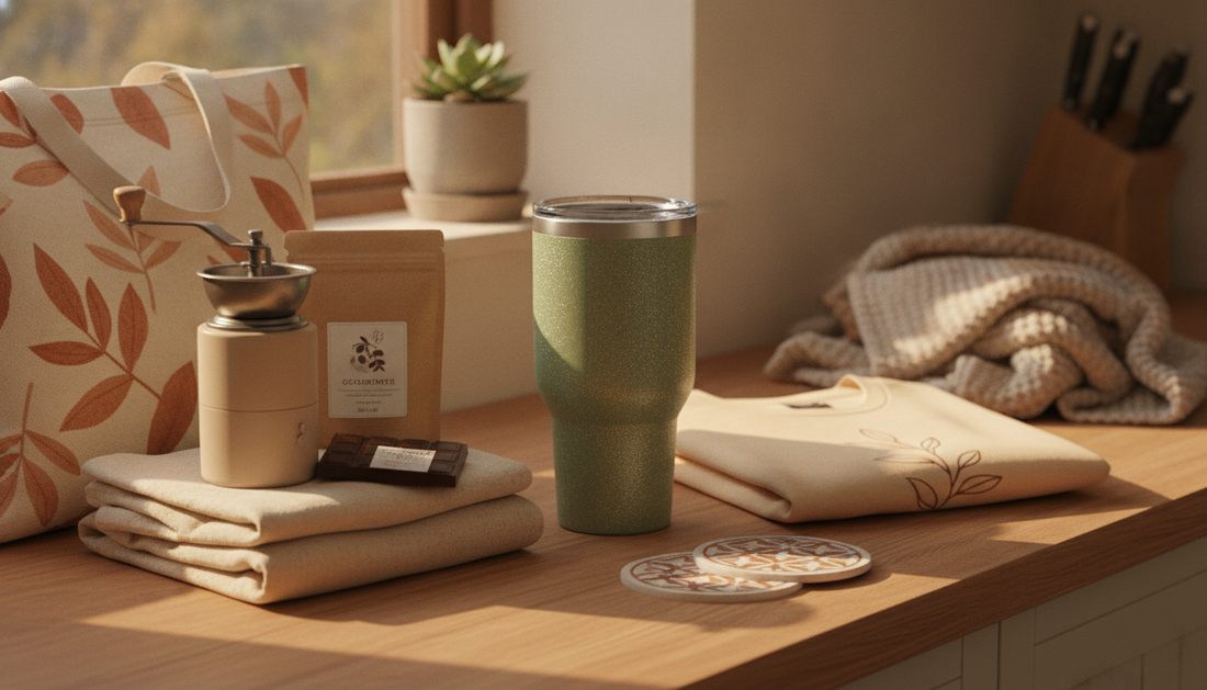 Cozy still-life of a canvas tote bag, glitter travel tumbler, patterned coasters, and a folded t-shirt on a sunlit kitchen counter — coffee lover gift ideas that aren't mugs