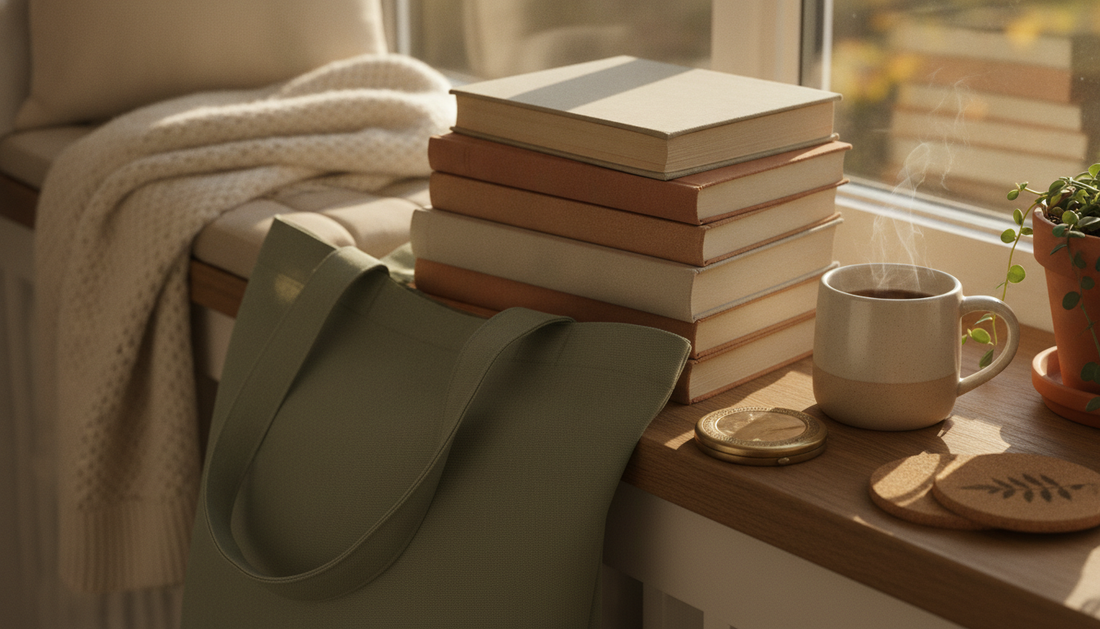 Cozy windowsill still-life with a coffee mug, book stack, and canvas tote for a book-lover gift guide