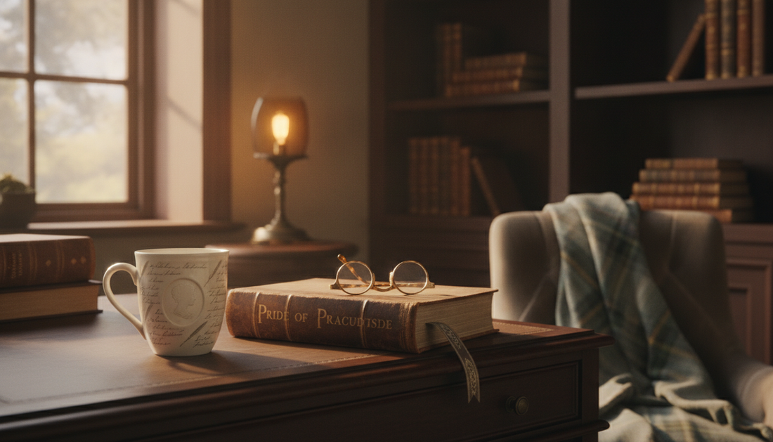 Patterned mug with an Austen silhouette beside a Pride and Prejudice book, reading glasses, and a lamp