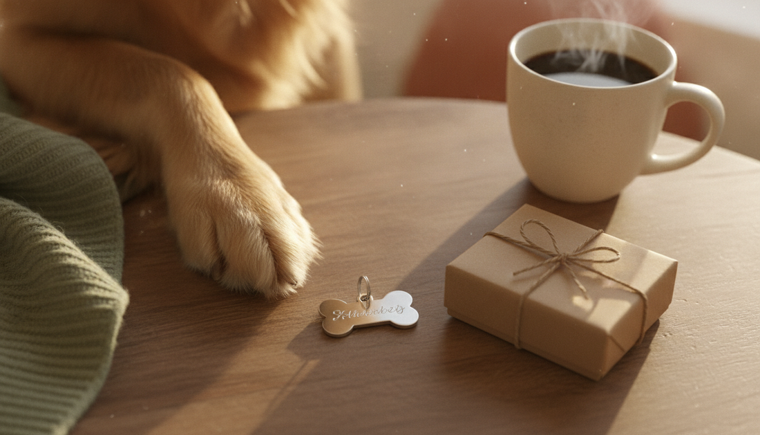 Cozy still life of a golden retriever's paw resting beside a personalized bone-shaped dog name tag and a wrapped gift on a warm wooden table