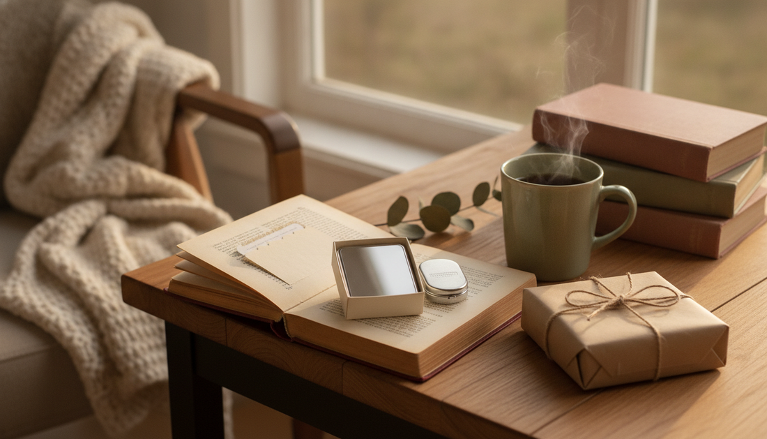 Cozy reading table with an open vintage book, a gift-boxed compact mirror, a small silver pill box, a mug of tea, and a kraft-paper gift tied with twine