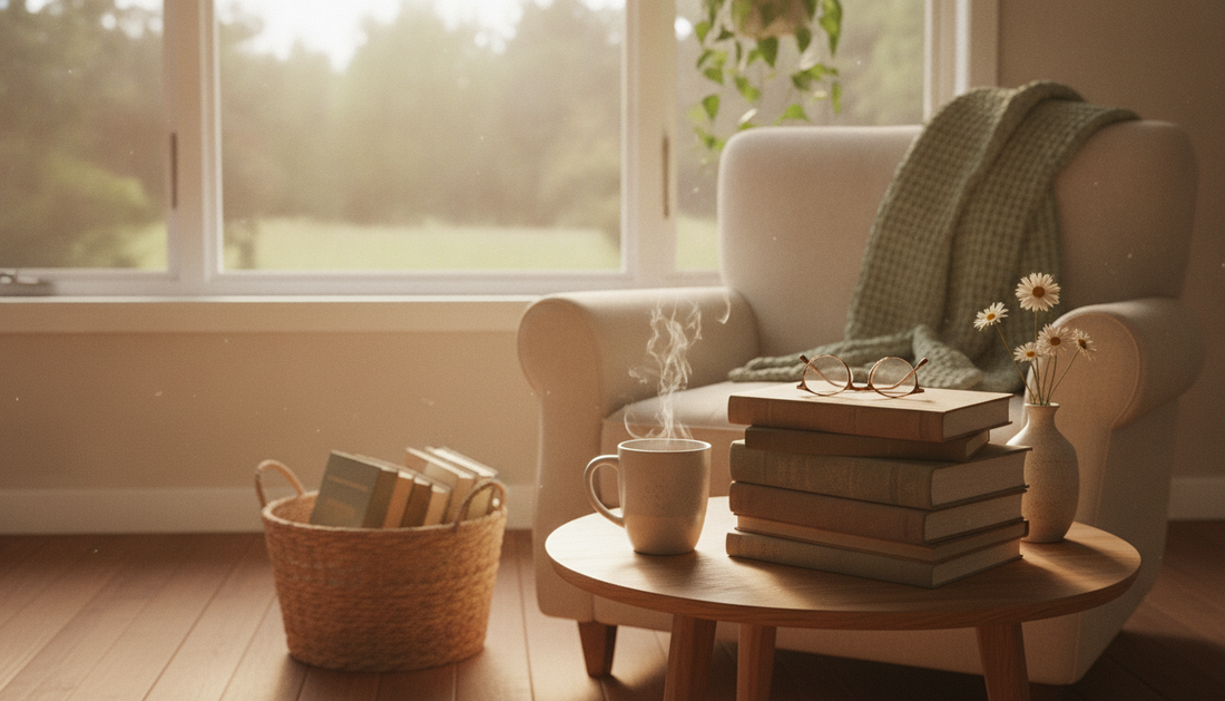 A cozy reading corner: a comfy armchair with a knit throw, a steaming mug and a tall stack of books on a side table in warm morning window light.
